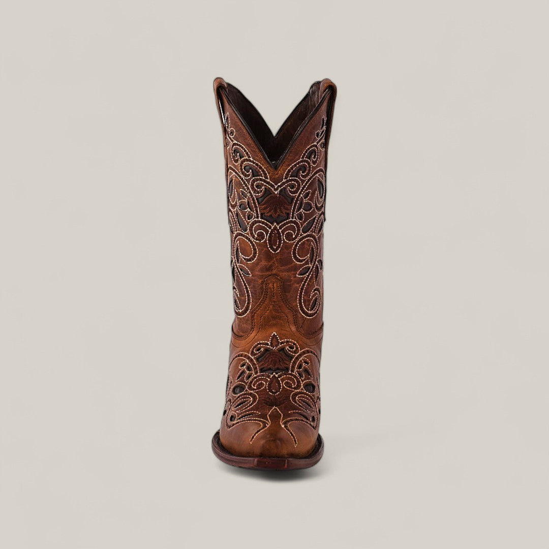 The Gina - Brown - Snip Toe boot features intricate white stitching and decorative patterns, displayed solo from the front against a plain light background.