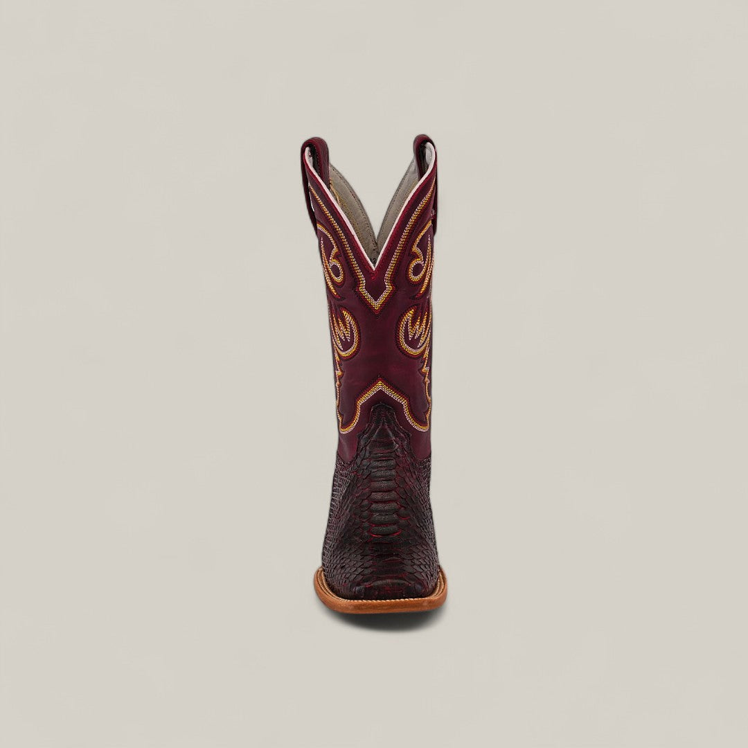 Front view of the Exotic Python - Blackcherry - Square Toe boot, featuring black cherry python-textured leather, detailed yellow and red stitching on the shaft, and a light brown sole, set against a plain light background.