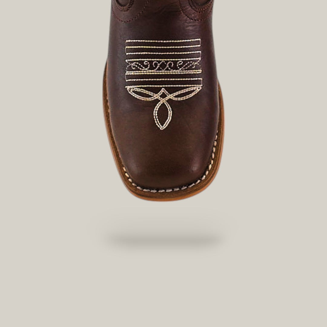 The Britany Brown - Square Toe - Kids Boots feature quality craftsmanship and white decorative stitching on the toe, shown from above against a plain light background.