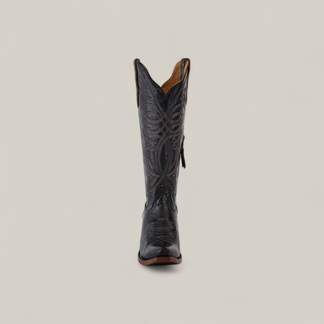 The Kellie Clayton Black Leather Sole Tall Shaft Snip Toe boot is shown upright and facing forward against a plain light background, highlighting its detailed stitching.
