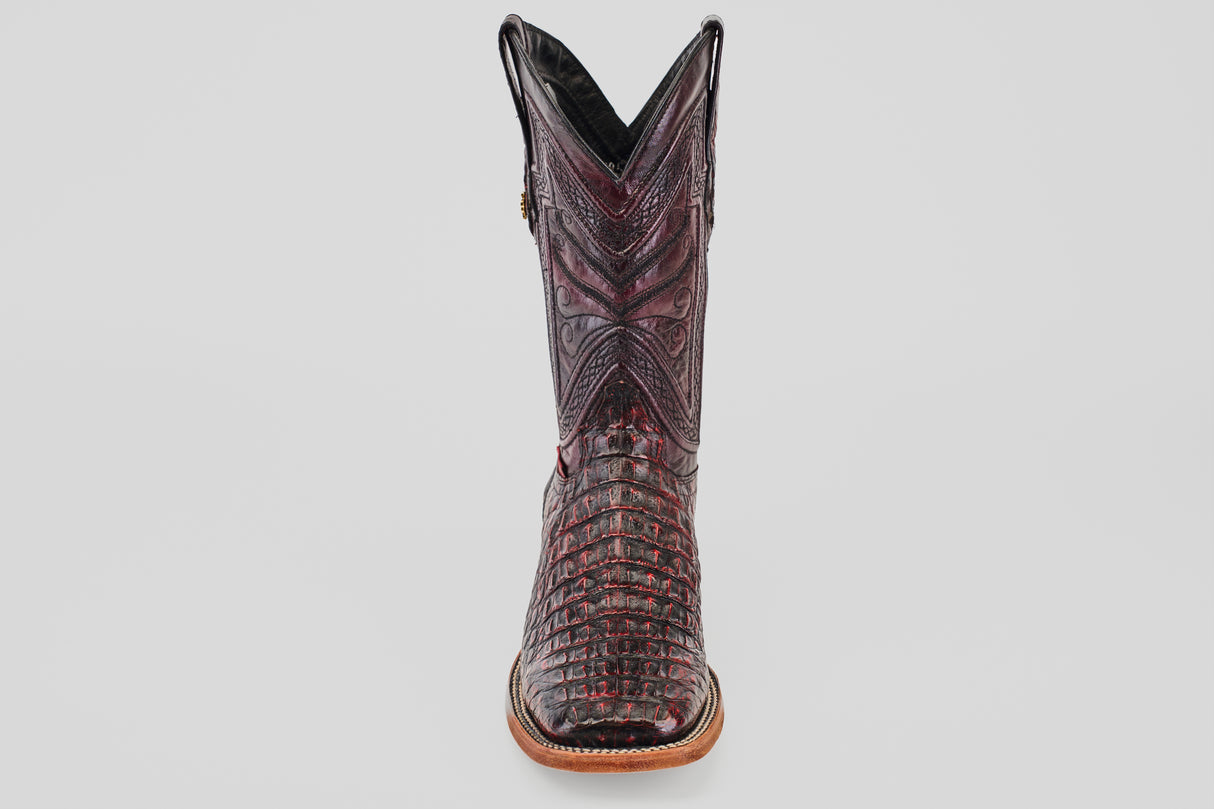The Exotic Caiman Horn Back - Black Cherry - Square Toe boot features intricate stitching and a textured horn back leather pattern, shown from the front against a plain light background.