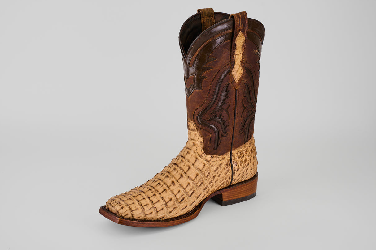The Exotic Caiman Hornback - Antique - Rodeo Toe is a cowboy boot with a light tan, textured caiman leather lower and a smooth dark brown upper featuring decorative stitching, shown on a plain light background.