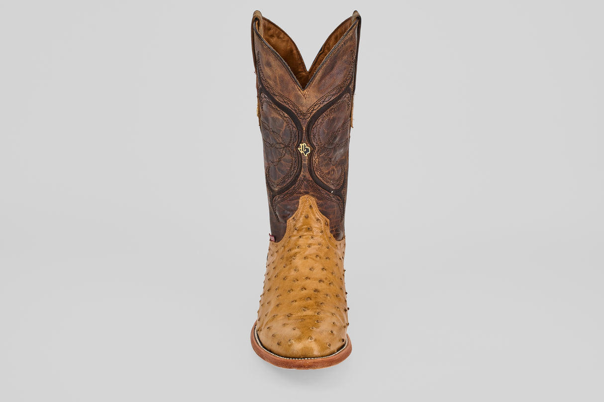 The Austin - Antique - Roper Toe cowboy boot features a light tan, textured lower section and a dark brown, decorative upper shaft, displayed from the front against a plain white background.