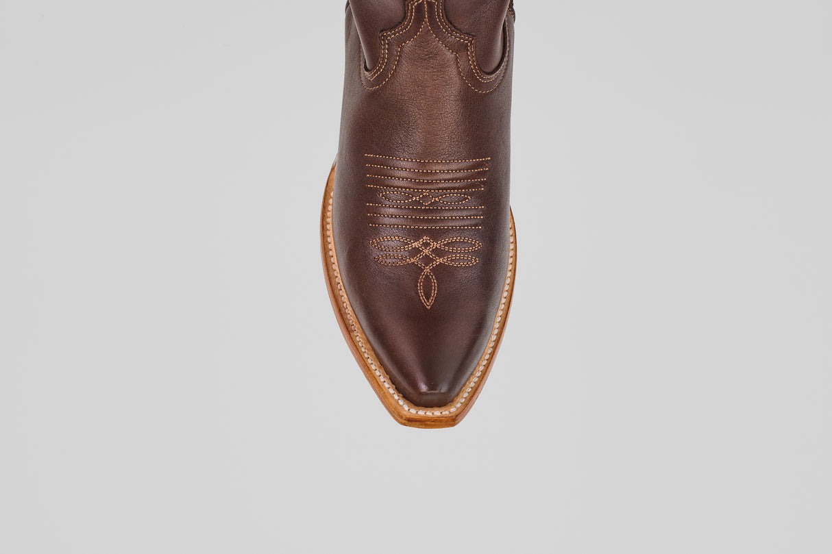 A top-down view of the Allison Dark Moka - Tall Shaft - Snip Toe cowboy boot in mocha leather with decorative stitching and a light-colored welt, designed for women, displayed on a plain white background.