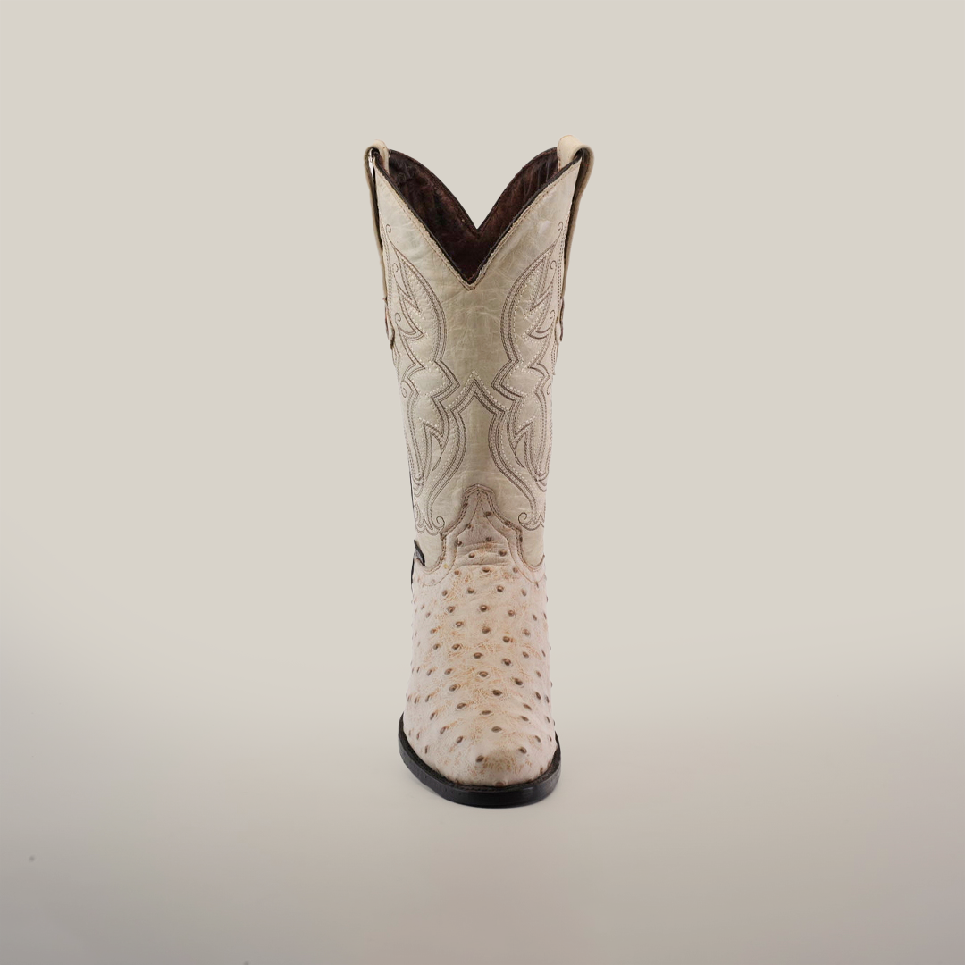 The Karoo Ostrich Print Bone - Round Toe cowboy boot showcases intricate stitching on a plain white background. Handcrafted with a pointed toe, slightly curved top, and leather sole, its ostrich print texture adds distinctive elegance.