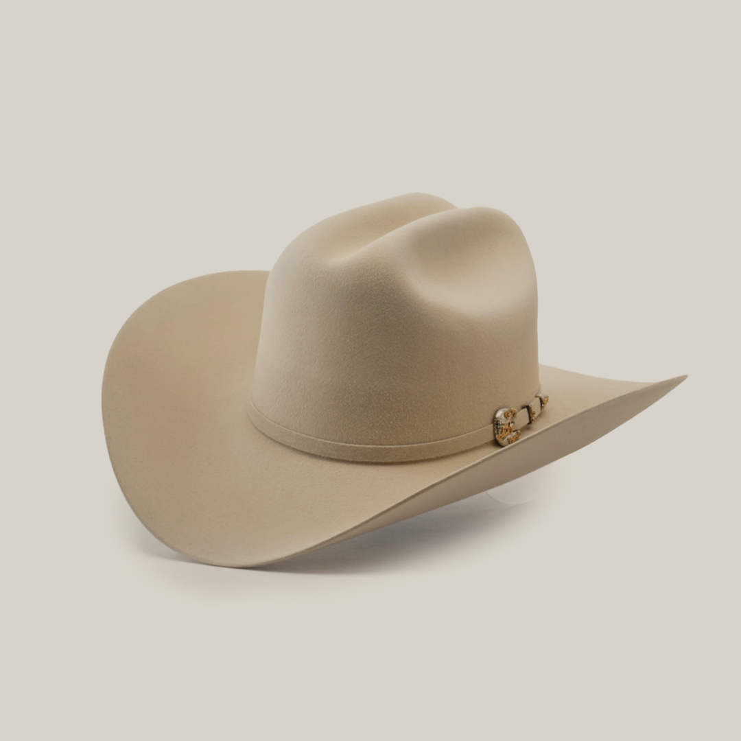 A beige cowboy hat with a wide brim and a decorative band, set against a light, plain background.