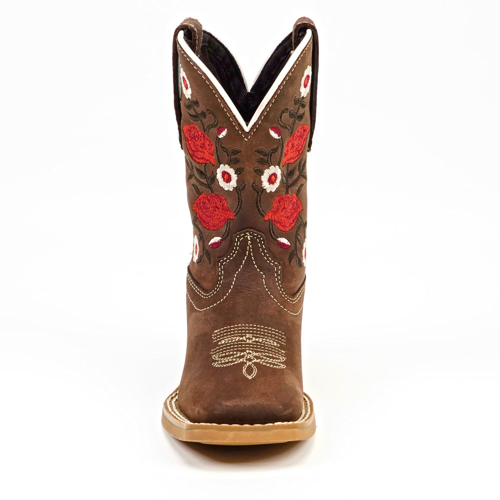 Kids Cowboy Boots - Brown Floral Shaft - Square Toe (TCK020)