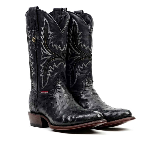 Austin Ostrich Boots - Black - Round Toe (AV230)