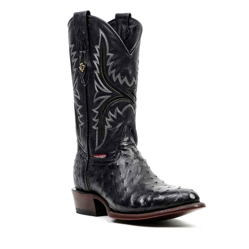Austin Ostrich Boots - Black - Round Toe (AV230)