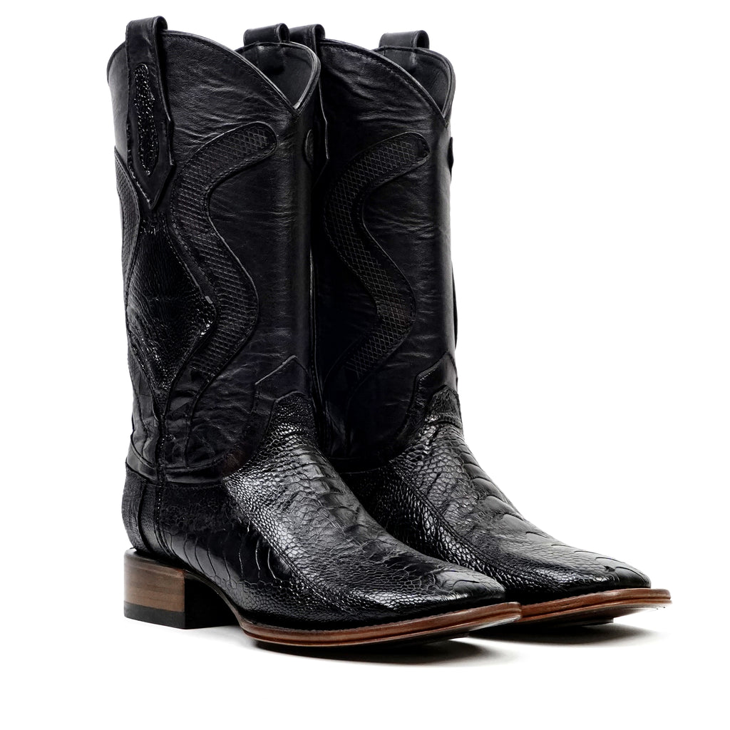 Austin Platinum Ostrich Leg Boots - Black - Square Toe