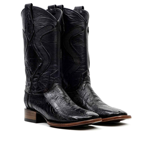 Austin Platinum Ostrich Leg Boots - Black - Square Toe
