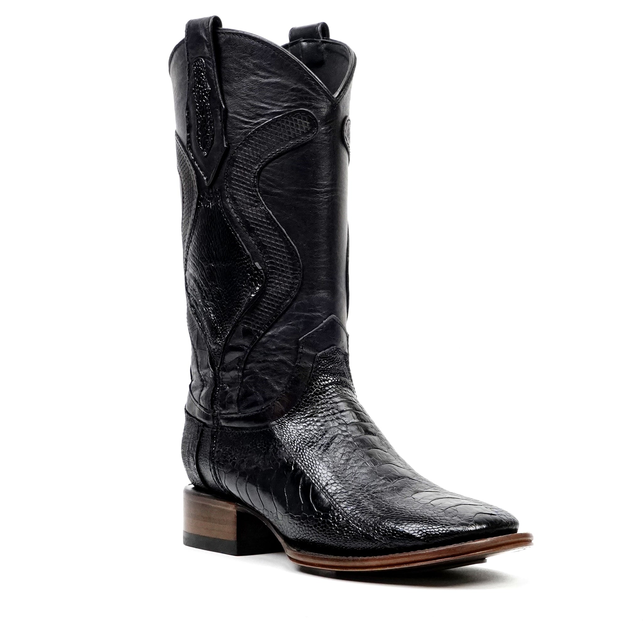 Austin Platinum Ostrich Leg Boots - Black - Square Toe