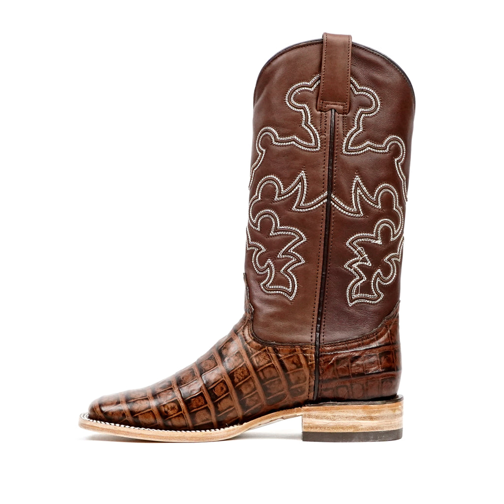 Botas Cowboy Chocolate Piel Estampada Vientre de Caimán - Punta Cuadrada (E423)
