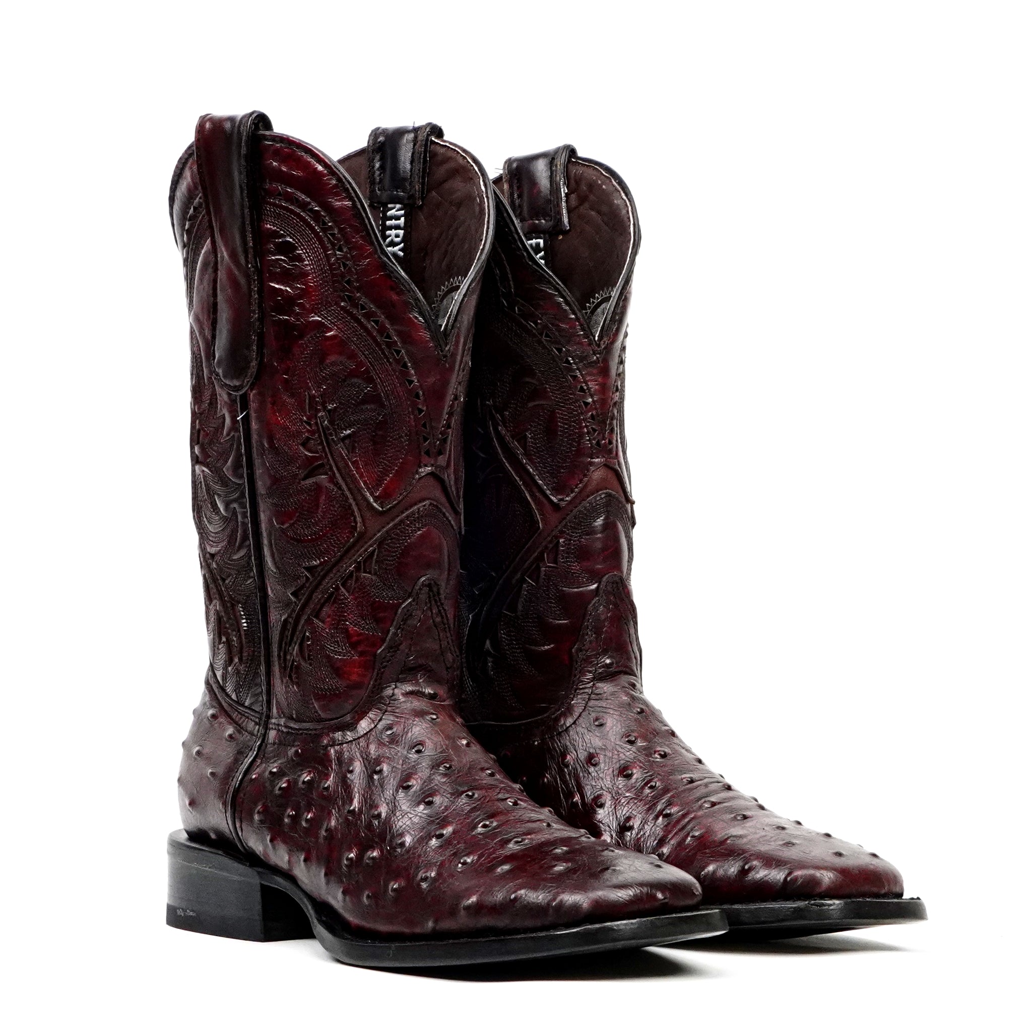 Ostrich Black Cherry Boots - Embossed Leather - Square Toe (E424)