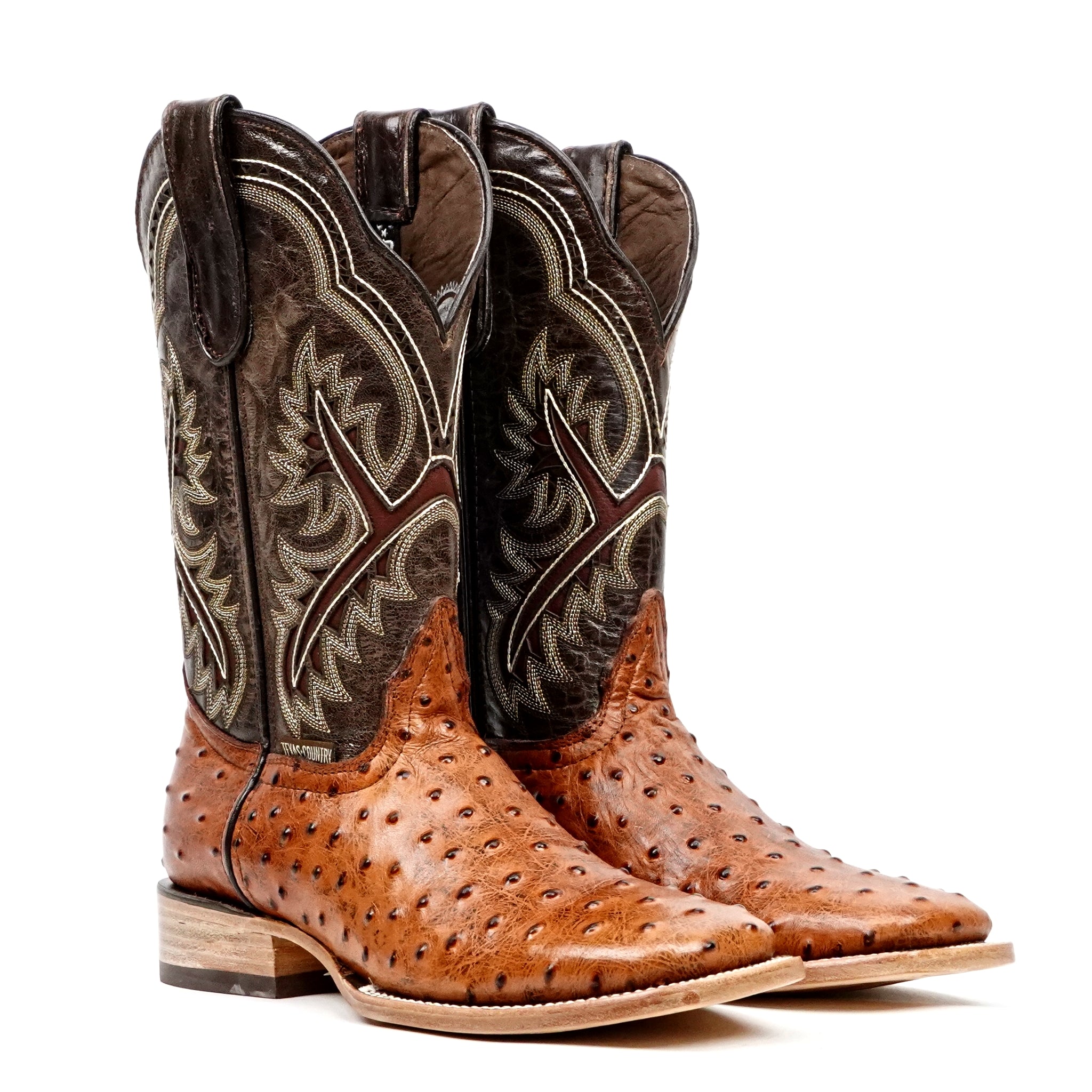 Botas vaqueras de avestruz color coñac - Piel repujada - Punta cuadrada (E424)