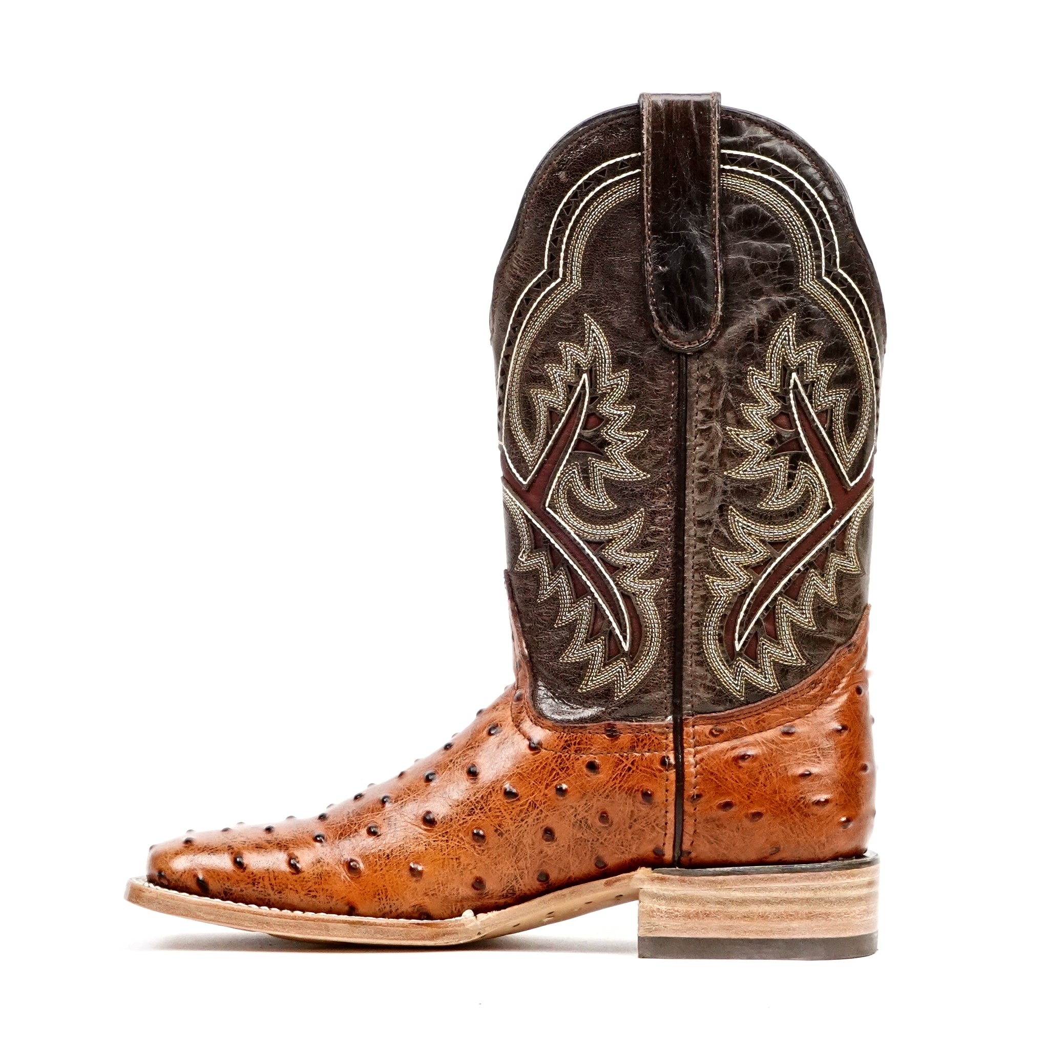 Botas vaqueras de avestruz color coñac - Piel repujada - Punta cuadrada (E424)