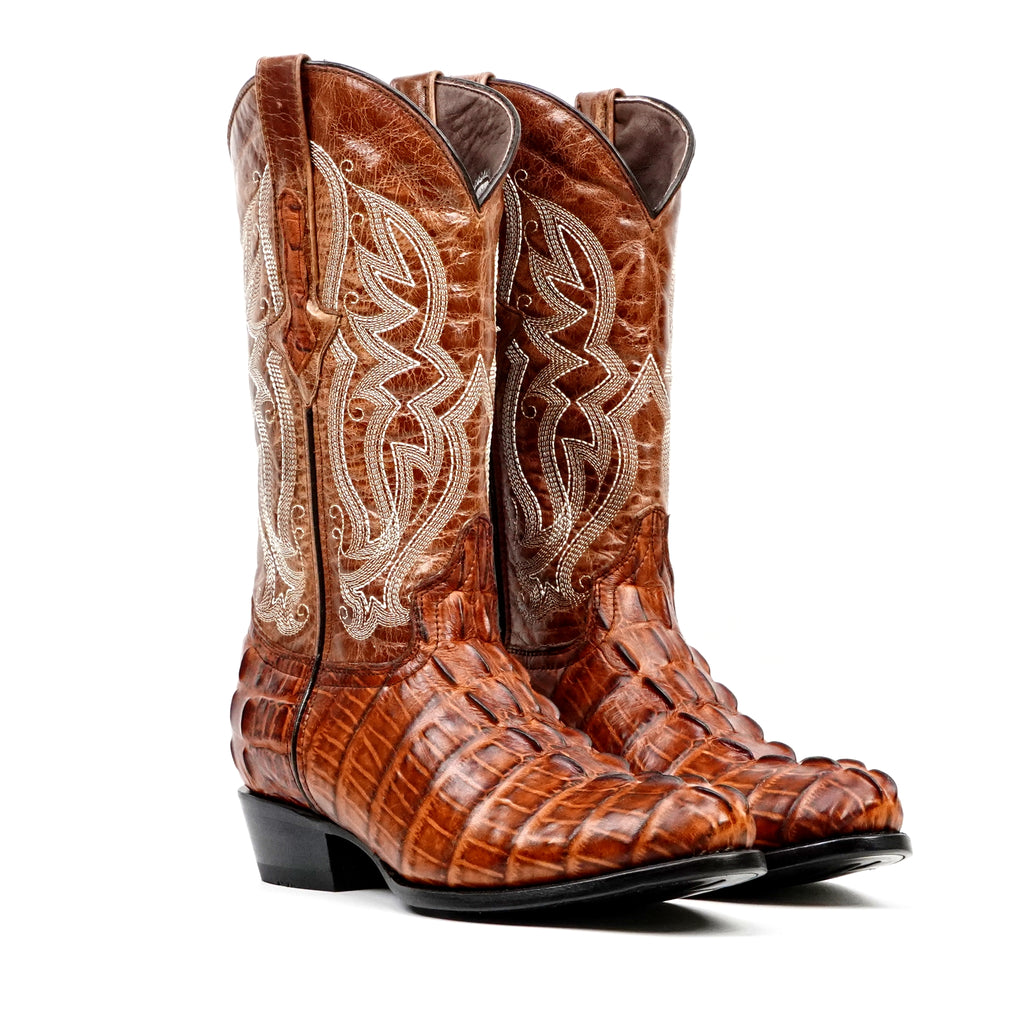 Crocodile Tail Cognac Boots - Embossed Leather - Round Toe (E437)