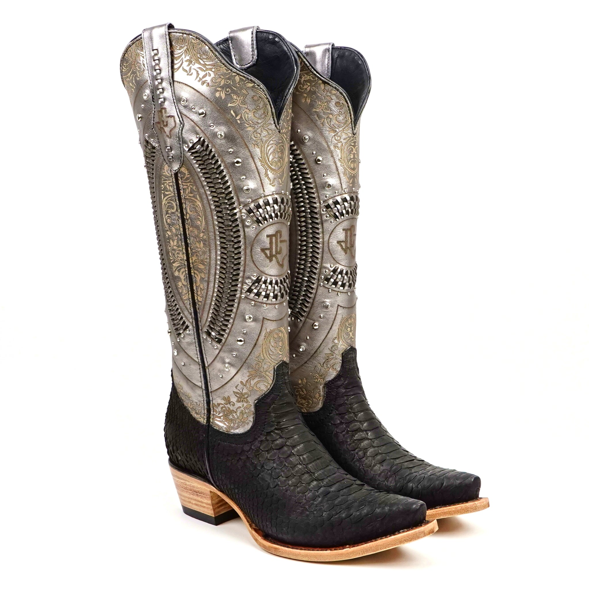 Python Black &amp; Silver Cowgirl Boots - Tall Shaft - Snip Toe (E31)