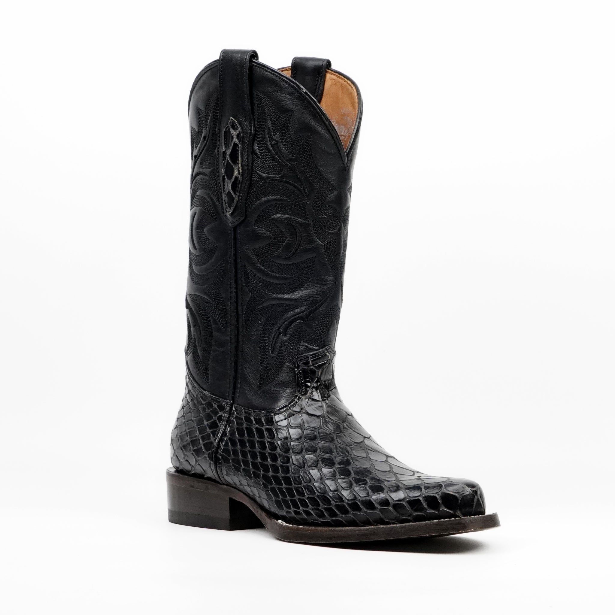 Botas vaqueras negras de serpiente - Piel repujada - Punta Roper (E952)