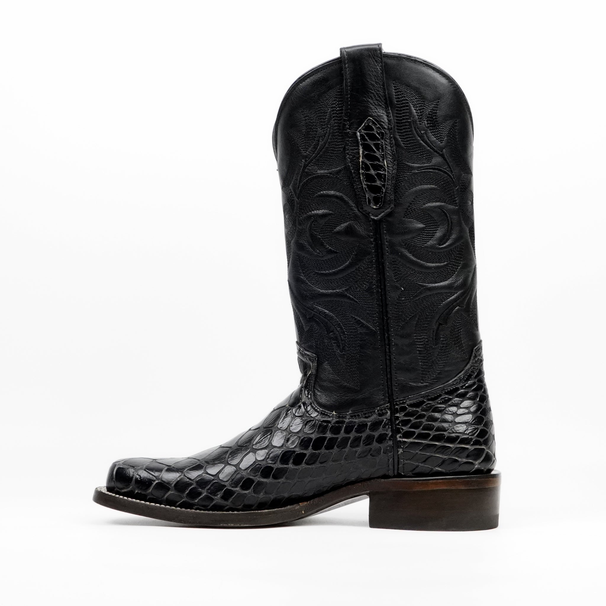 Botas vaqueras negras de serpiente - Piel repujada - Punta Roper (E952)