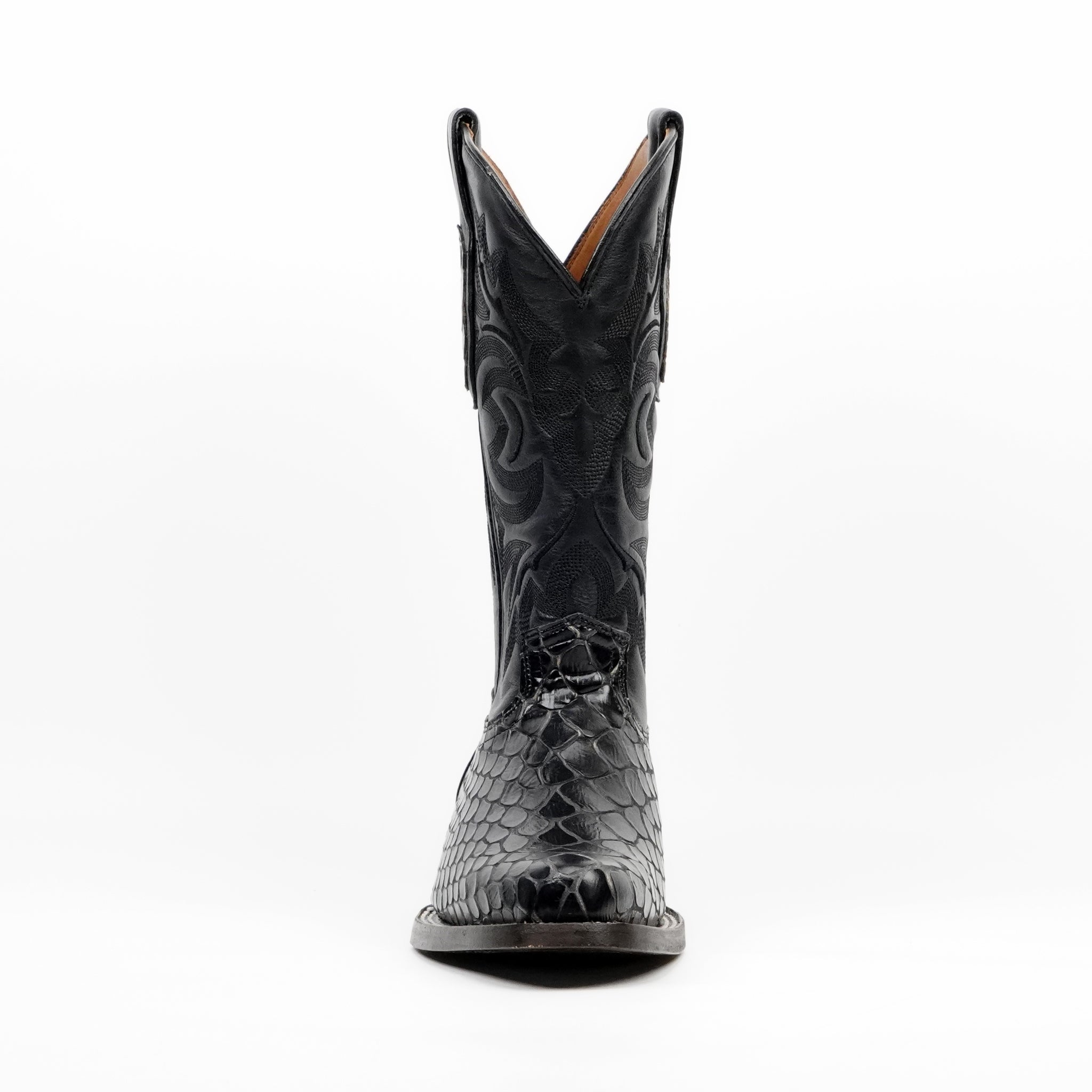 Botas vaqueras negras de serpiente - Piel repujada - Punta Roper (E952)