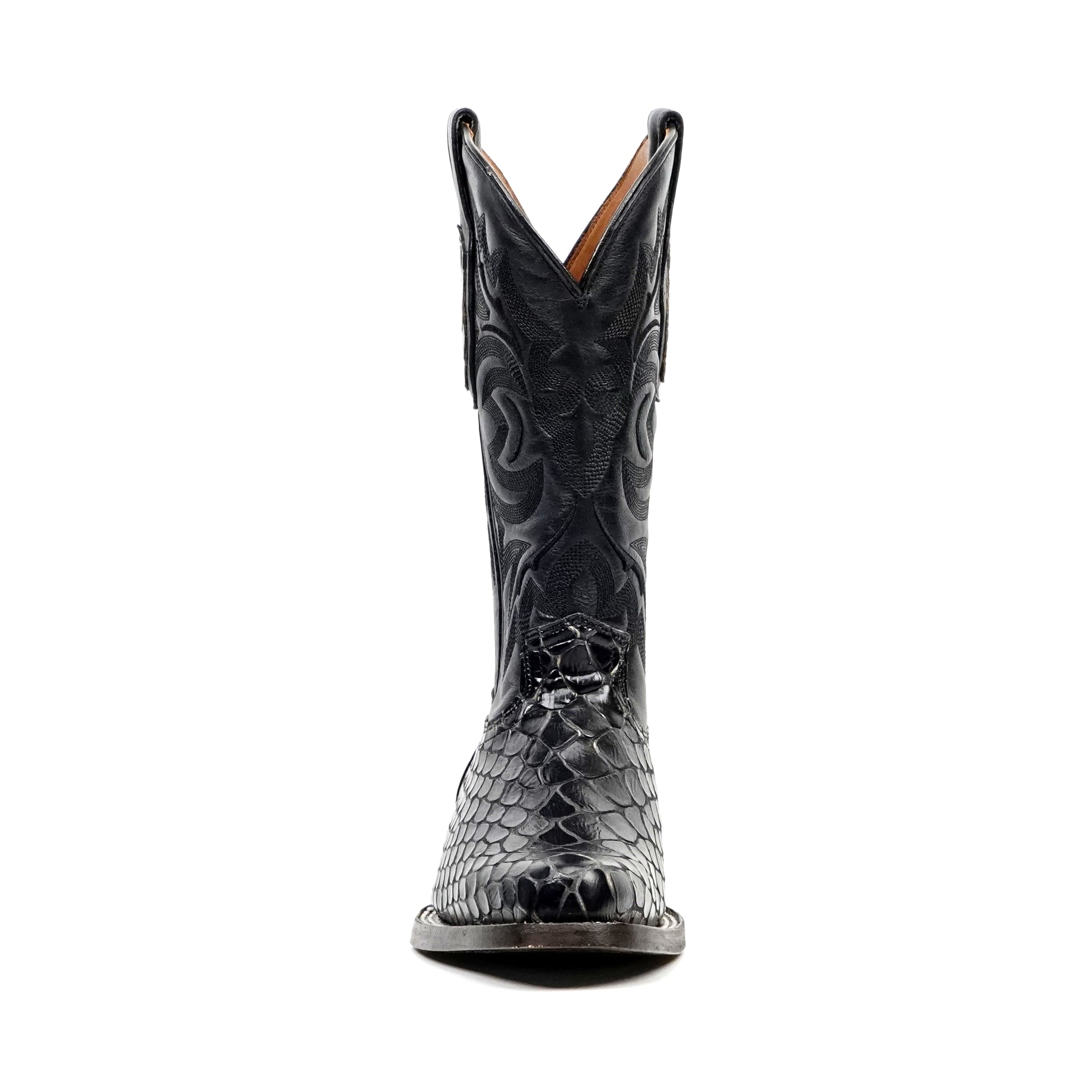 Snake Black Cowboy Boots - Embossed Leather - Roper Toe (E952)
