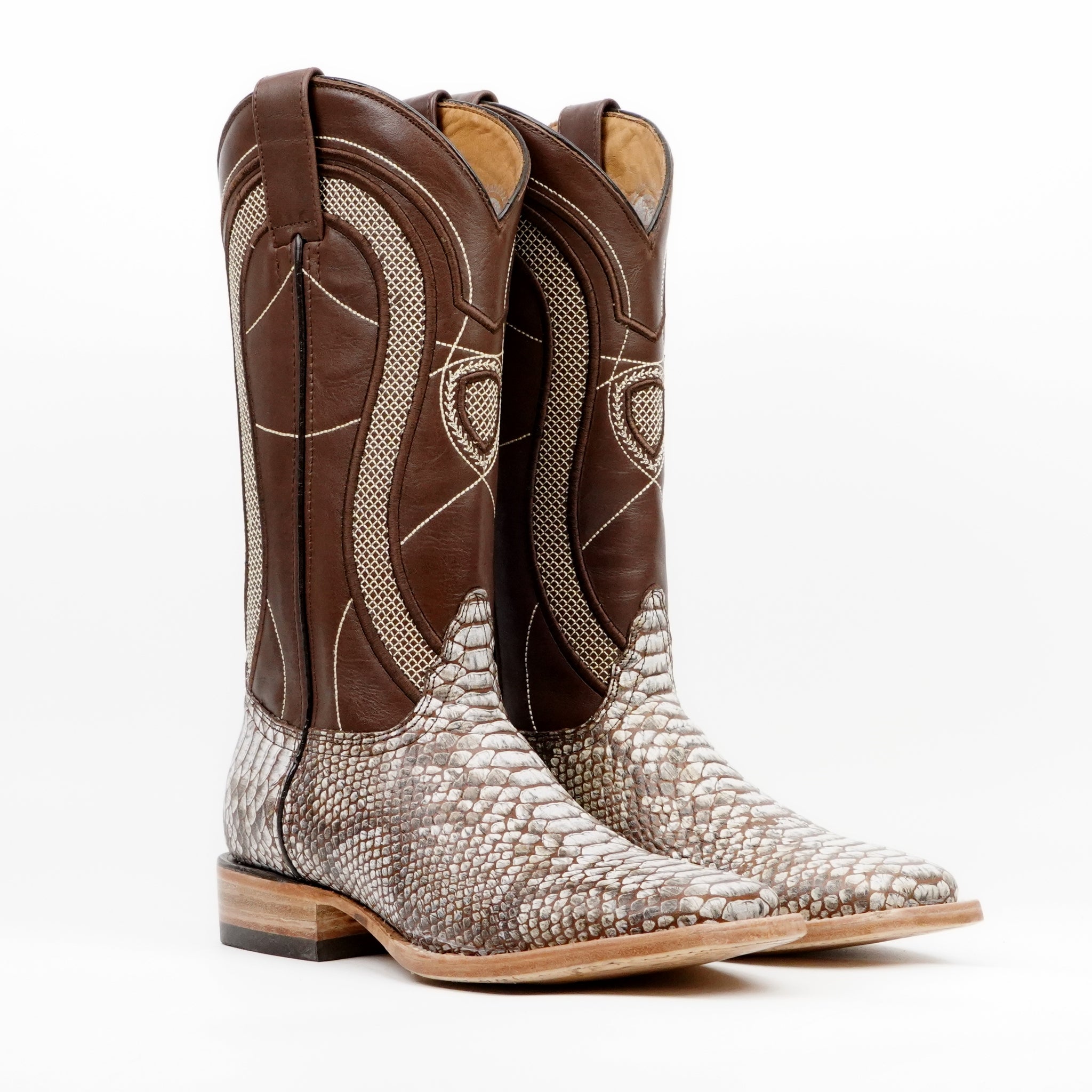 Botas Python Natural Camel - Piel Grabada - Punta Cuadrada (E913)