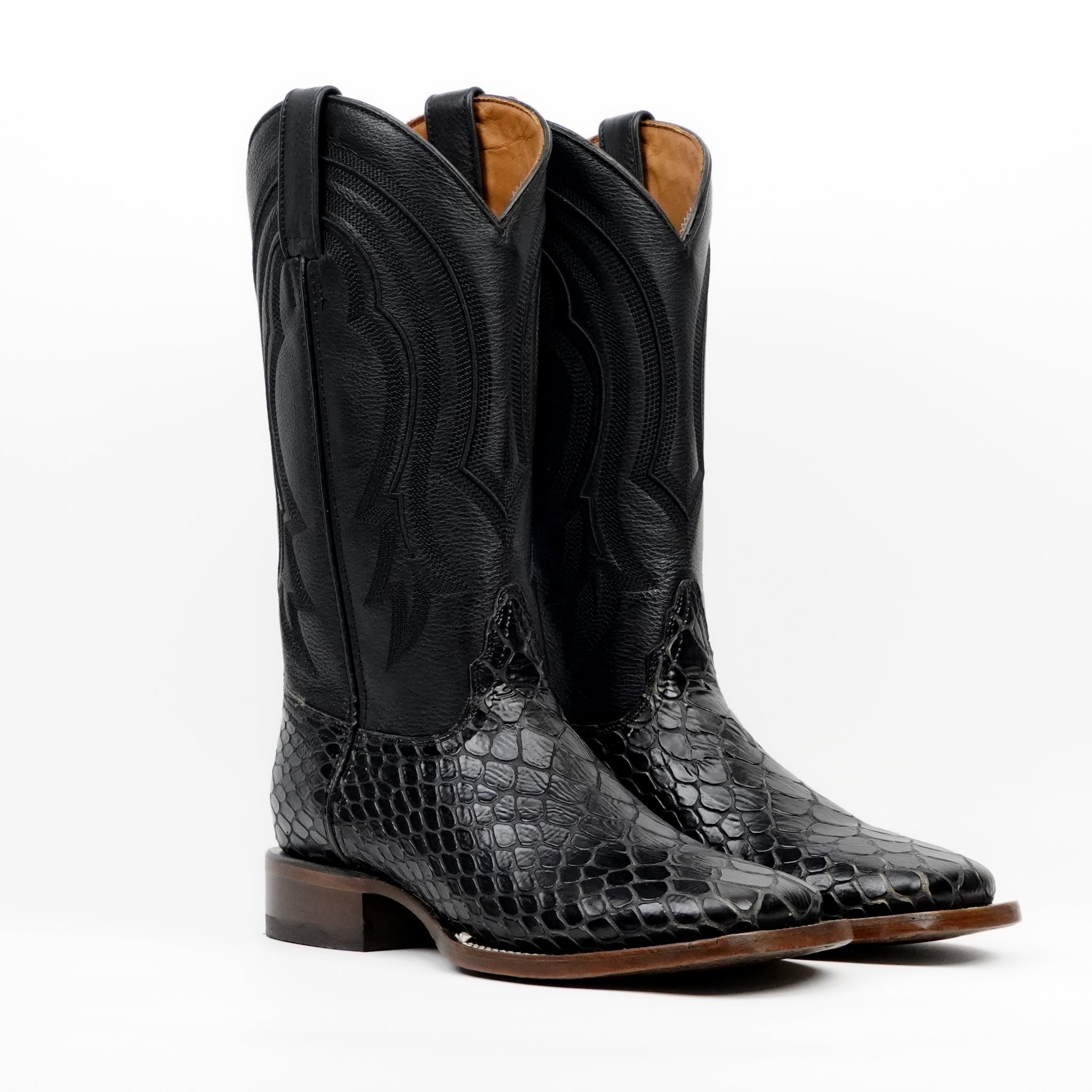 Botas vaqueras de serpiente - Piel gofrada negra - Punta cuadrada (E947)