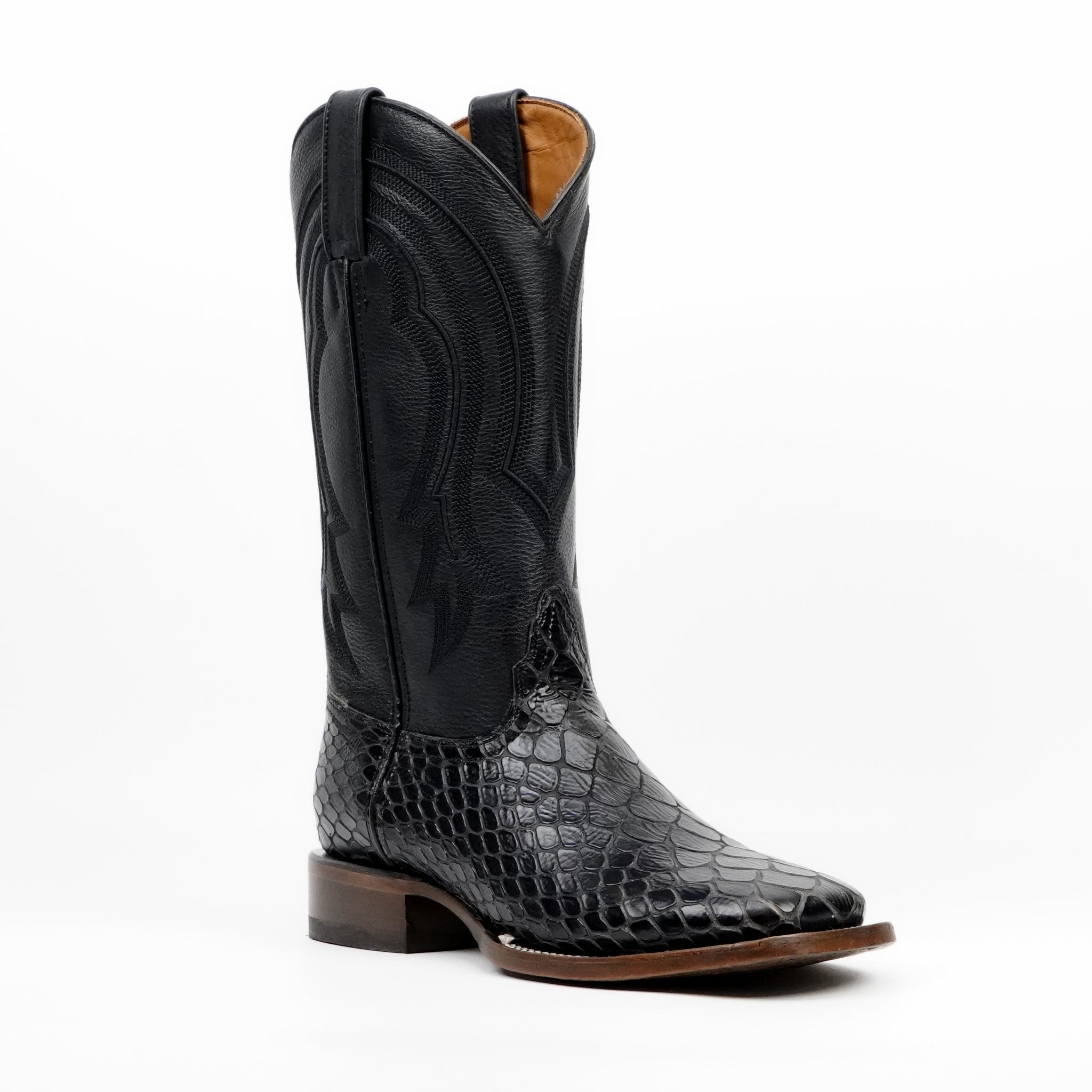 Botas vaqueras de serpiente - Piel gofrada negra - Punta cuadrada (E947)
