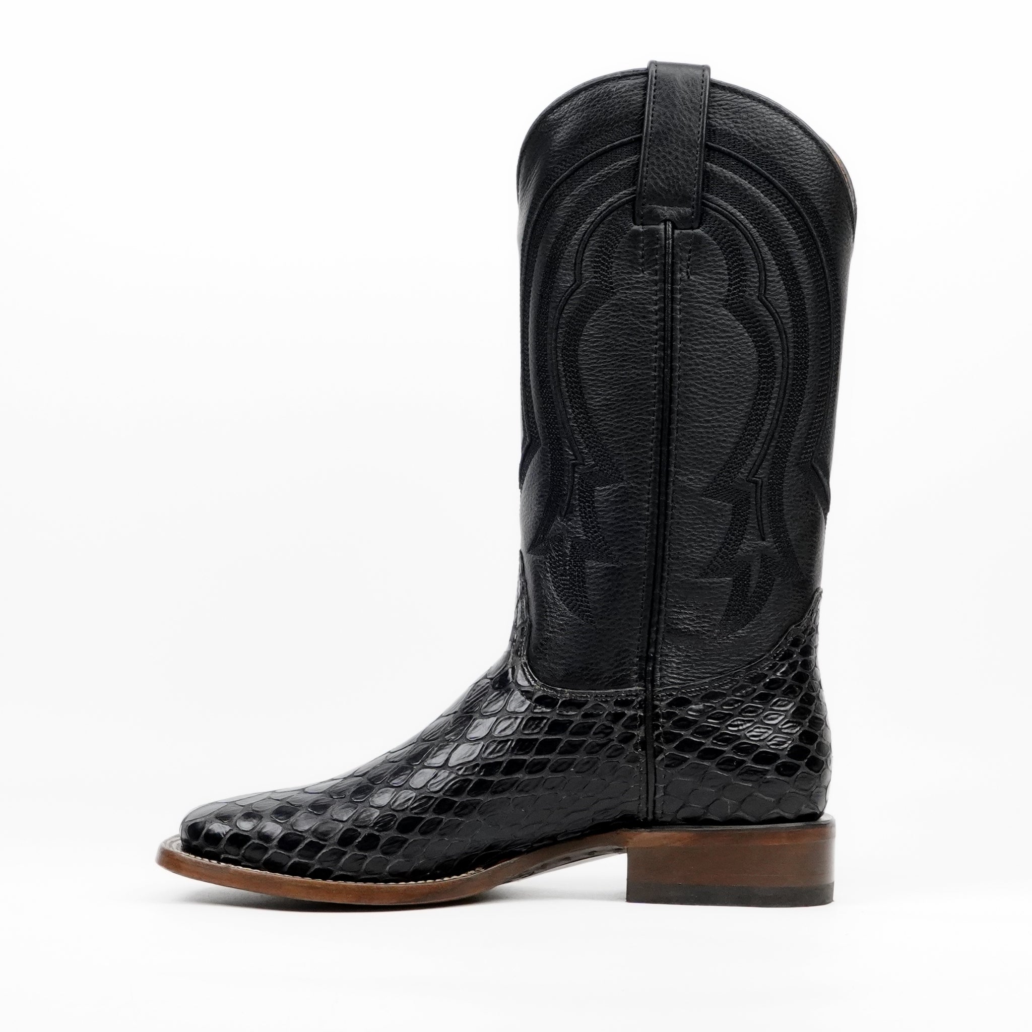Botas vaqueras de serpiente - Piel gofrada negra - Punta cuadrada (E947)