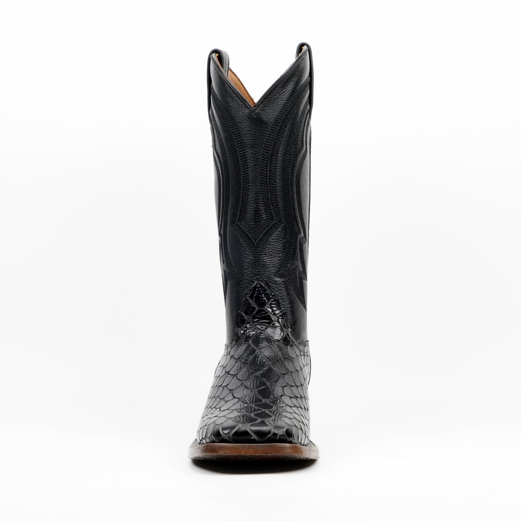 Botas vaqueras de serpiente - Piel gofrada negra - Punta cuadrada (E947)
