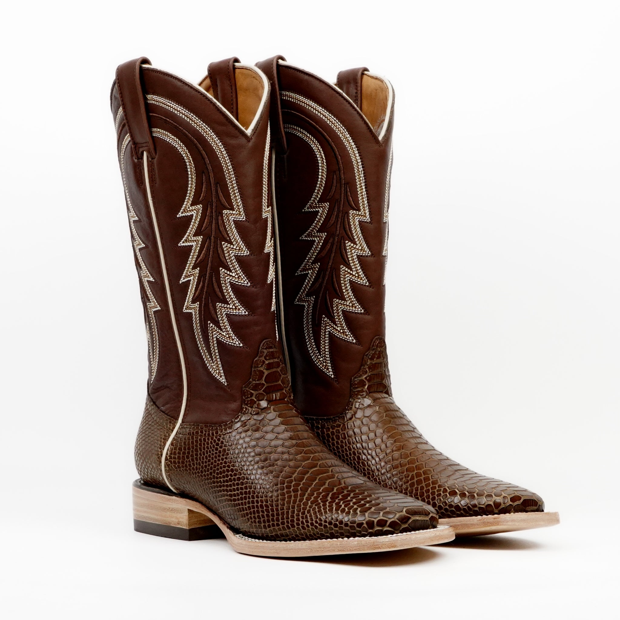 Botas vaqueras de piel de lagarto - Piel grabada marrón - Punta cuadrada (E949)