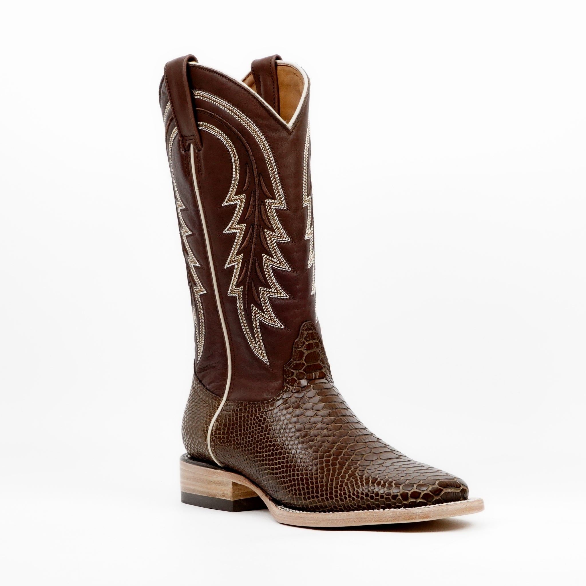 Botas vaqueras de piel de lagarto - Piel grabada marrón - Punta cuadrada (E949)