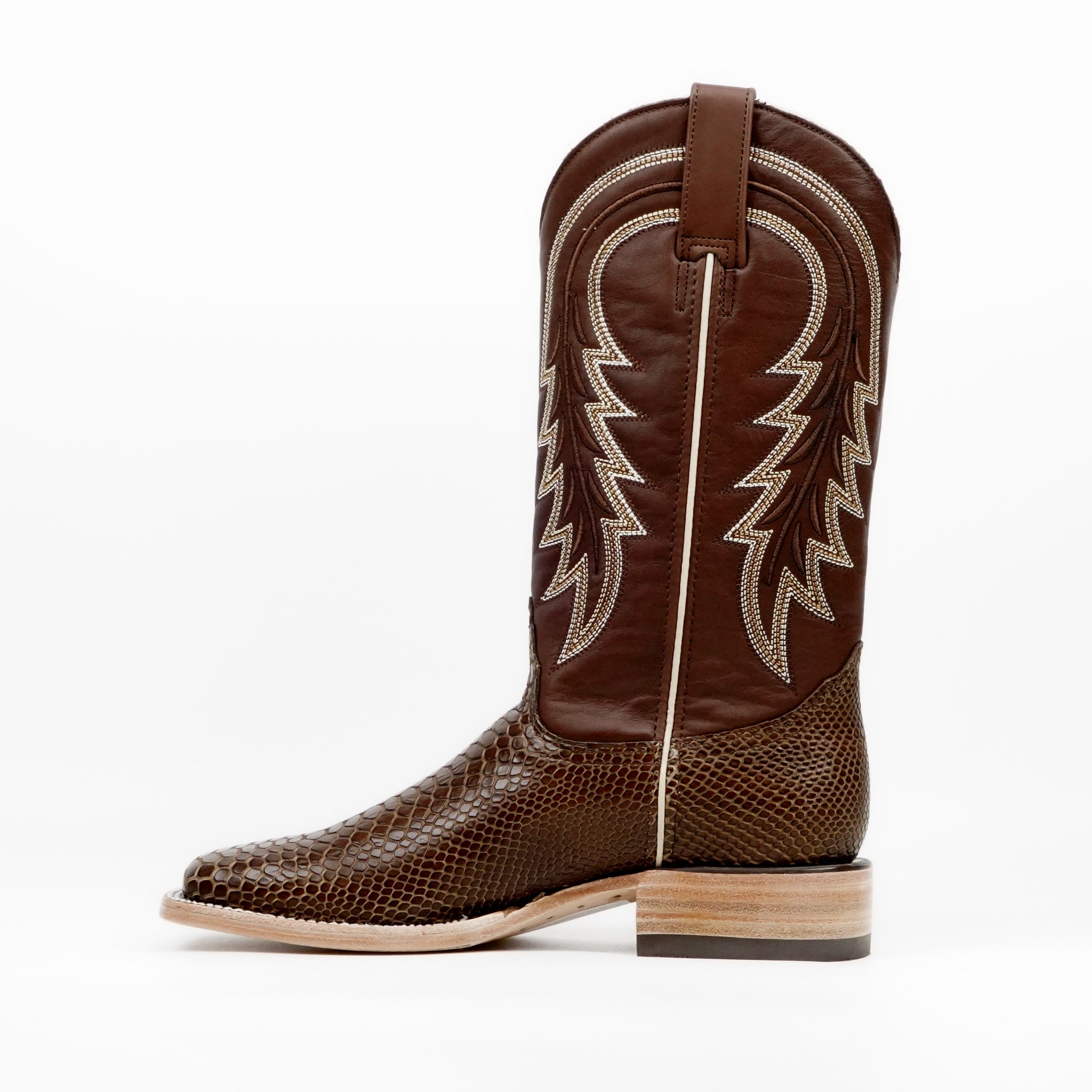 Botas vaqueras de piel de lagarto - Piel grabada marrón - Punta cuadrada (E949)