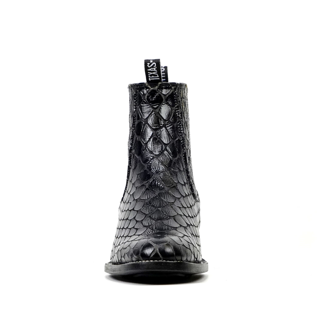 Black Snake Ankle Boots - Embossed Leather - Roper Toe (E955)