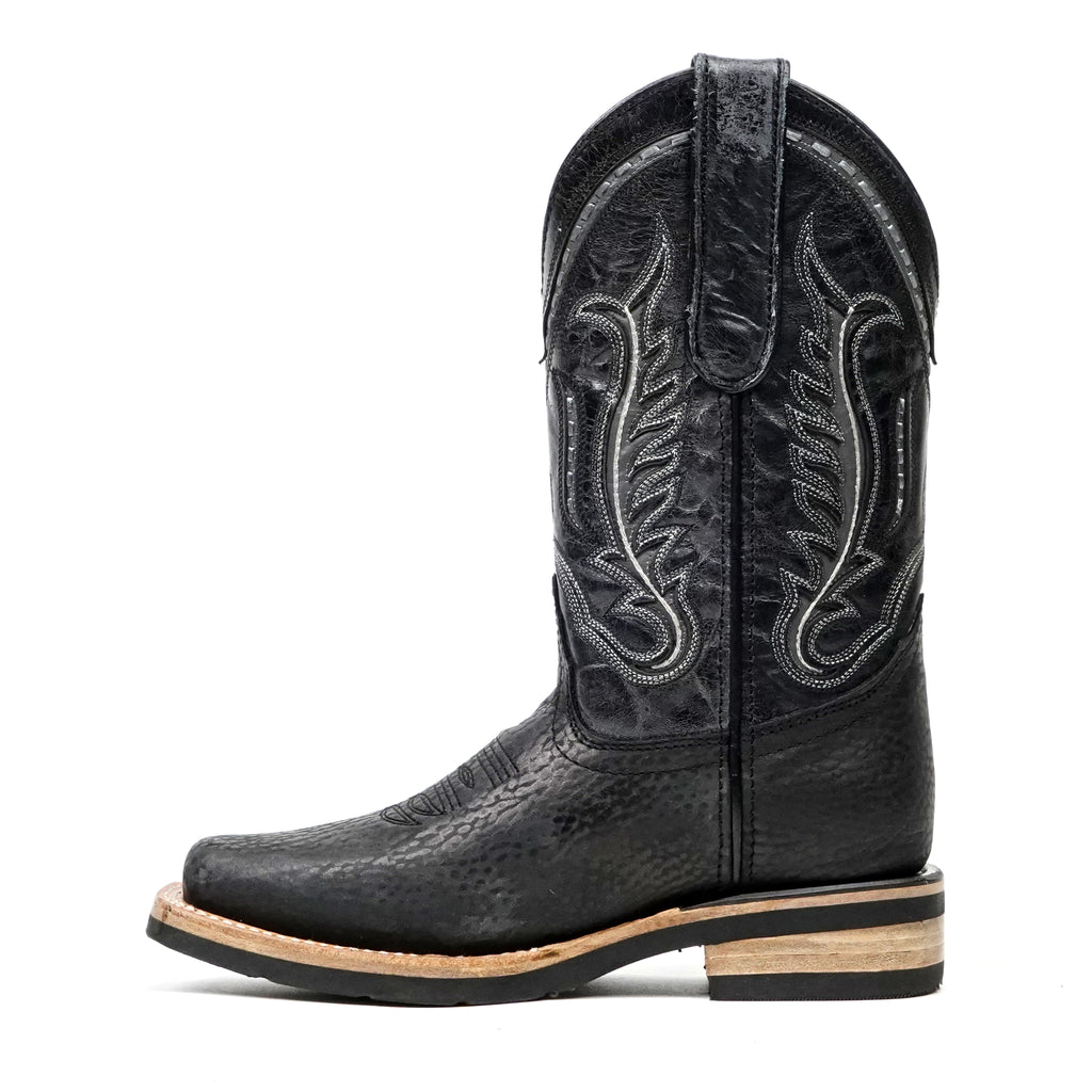 Cheyenne Black Leather Boots (Youth) - Slip-Resistant Sole - Rodeo Toe (E28)