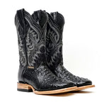 Crocodile Black Boots (Youth) - Embossed Leather - Square Toe (E427)