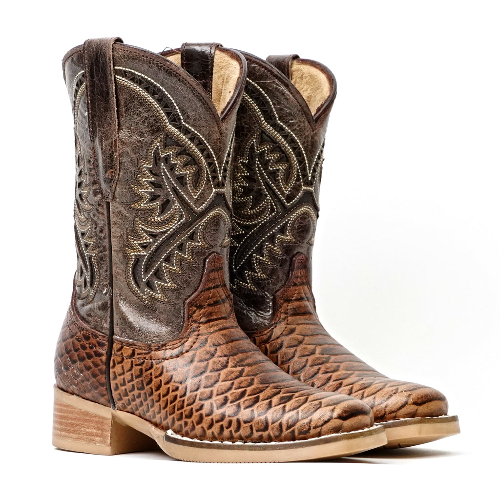 Chocolate Python - Botas de piel repujada para niños - Punta cuadrada (K11-1)