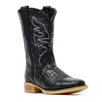Kids Alligator Belly Black Boots - Embossed Leather - Square Toe (K27-1)