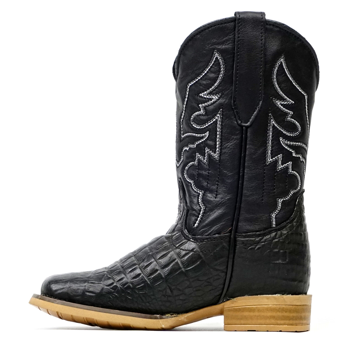 Kids Alligator Belly Black Boots - Embossed Leather - Square Toe (K27-1)