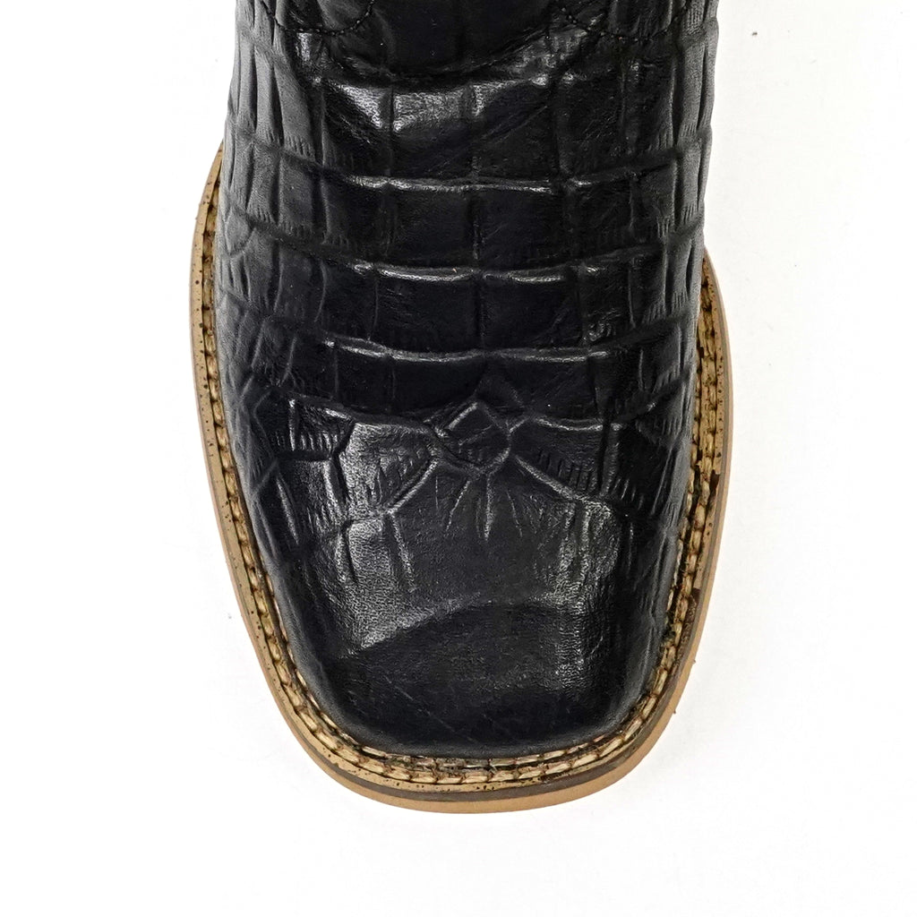 Kids Alligator Belly Black Boots - Embossed Leather - Square Toe (K27-1)