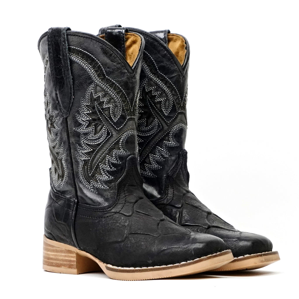 Bota Vaquera Niño de Piel Pirarucú Negra Grabada - Punta Cuadrada (K92-1)
