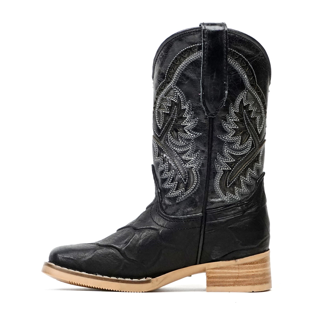 Bota Vaquera Niño de Piel Pirarucú Negra Grabada - Punta Cuadrada (K92-1)