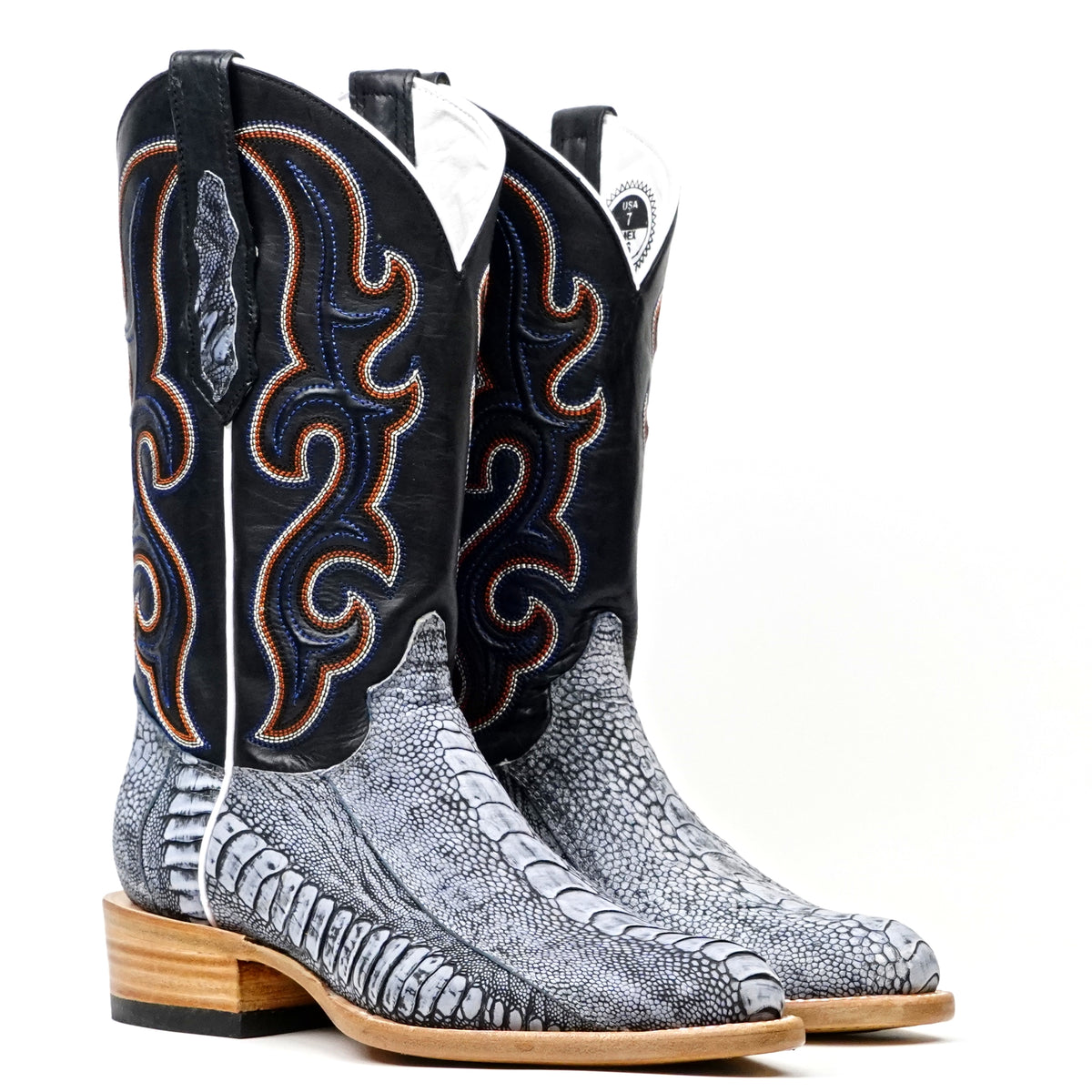 Ridge Ostrich Leg Boots - Denim Blue - Roper Toe