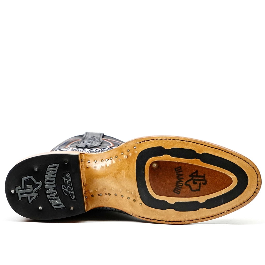 Ridge Ostrich Leg Boots - Denim Blue - Roper Toe