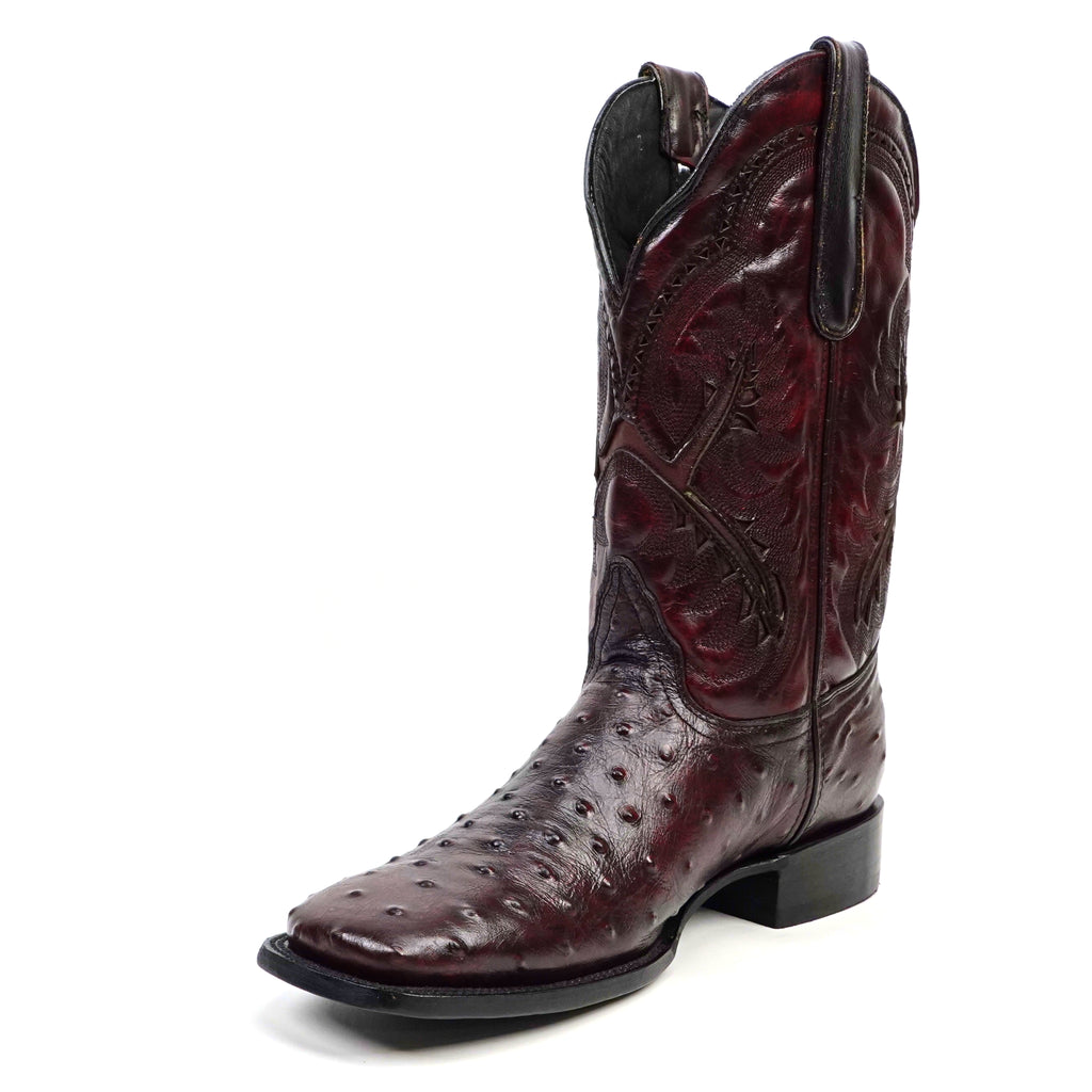 Ostrich Black Cherry Cowboy Boots - Embossed Leather - Square Toe (E424)
