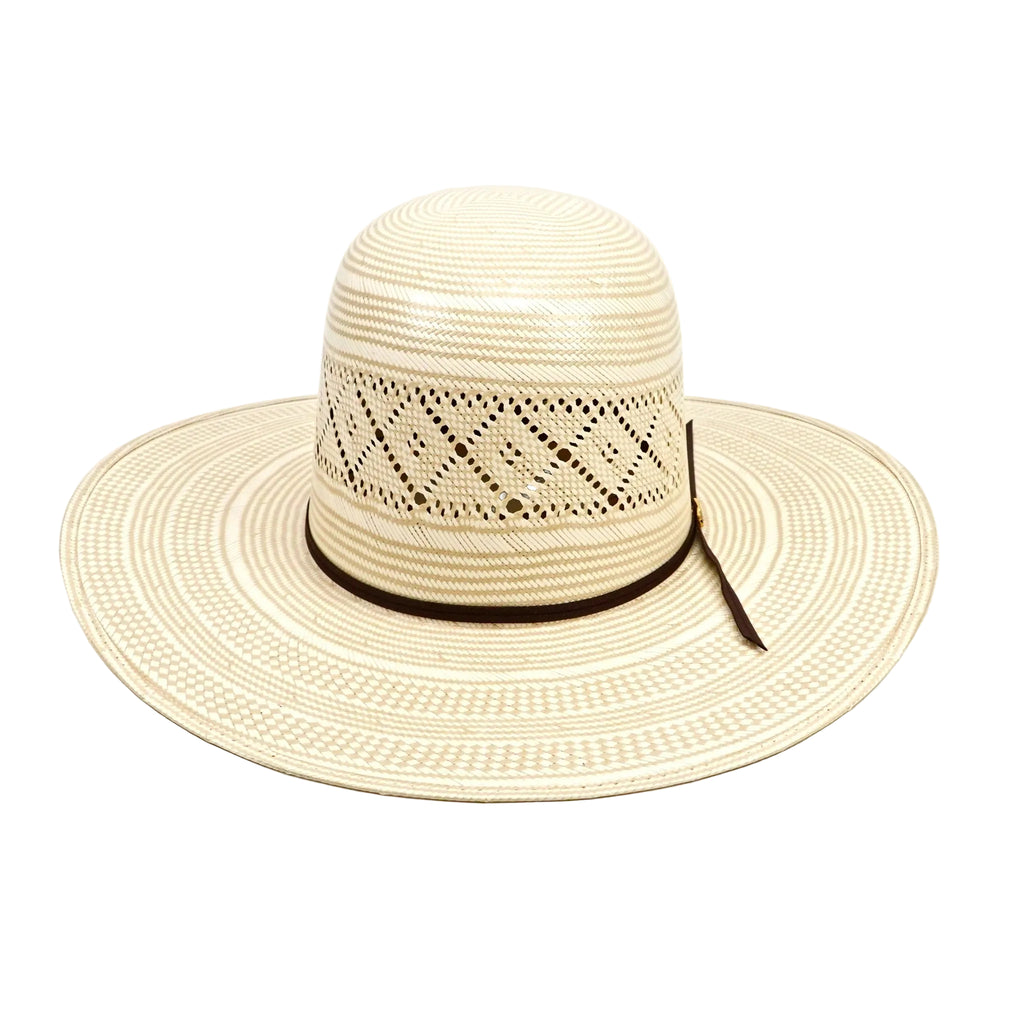 Beige straw hat with a wide brim on a white background