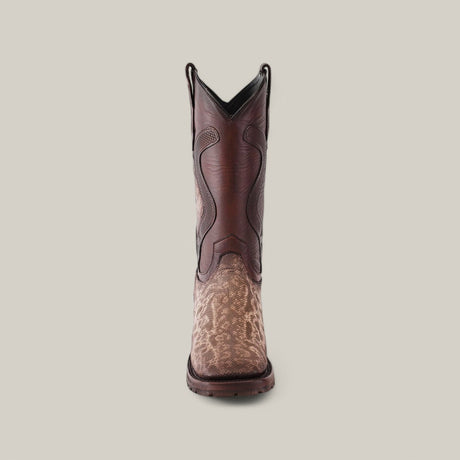 Displayed against a plain light gray background is a single Exotic Carunga - Diamond boot, exhibiting exceptional Western craftsmanship with exotic leather, rugged double sole, square toe, and intricate stitching for a classic style.