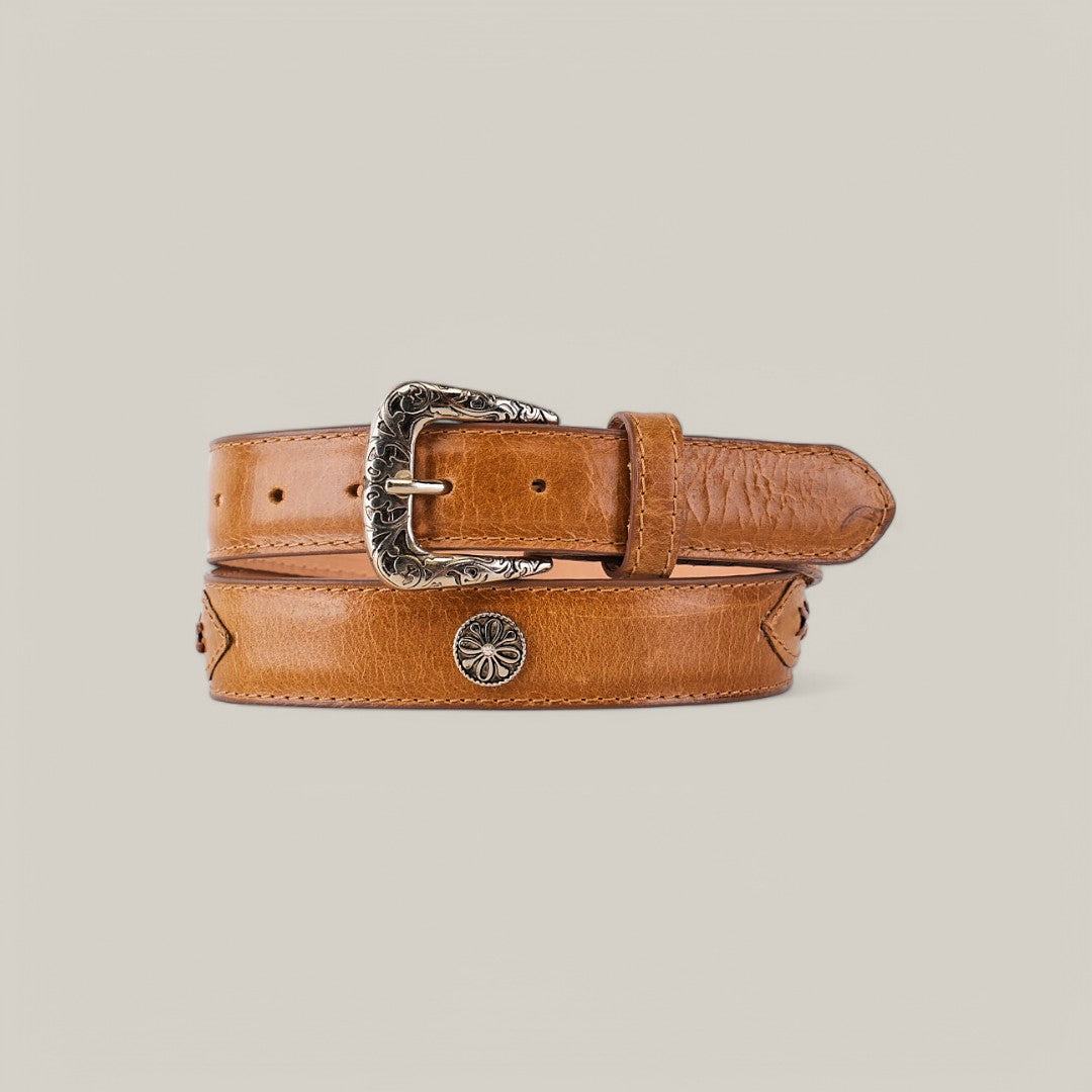 The Alexa Orix Belt - Roller Buckle, with its brown leather and ornate silver buckle, adds elegance to any wardrobe. Coiled neatly on a light gray background, it embodies style and sophistication, perfect for womens belt collections.