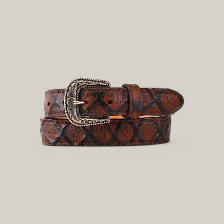 The Pirarucu Print Brown Belt for kids, featuring a Texas Buckle, is crafted from high-quality materials with a textured diamond pattern on a neutral backdrop.